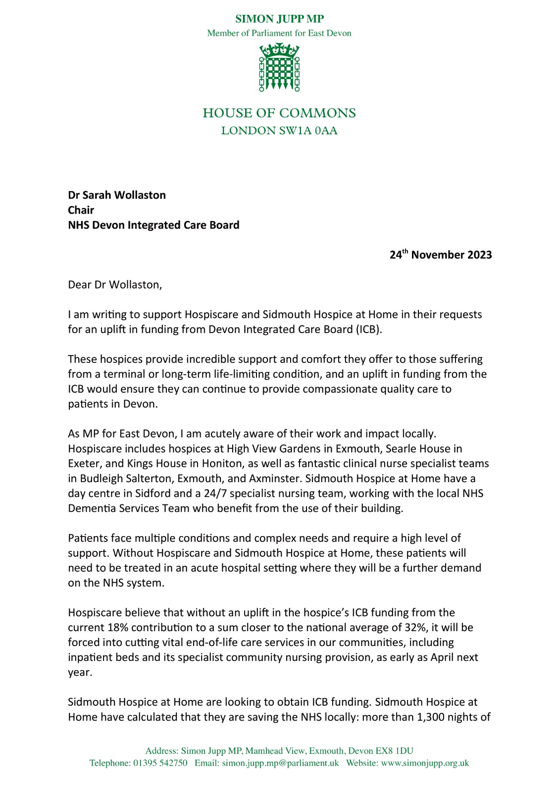 Letter to NHS Devon